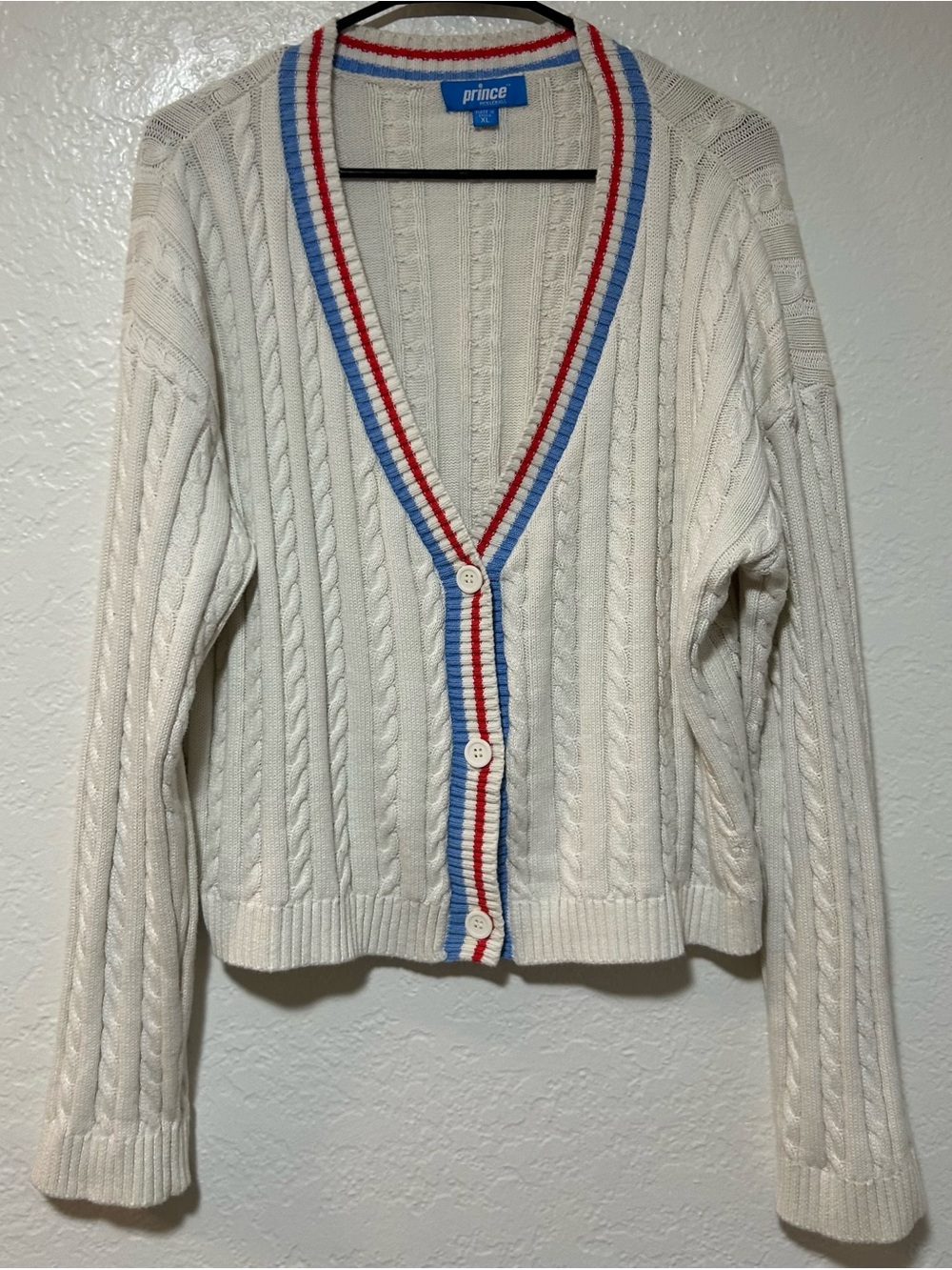 Prince Cream Cable Knit V-Neck Cardigan with Red & Blue Trim